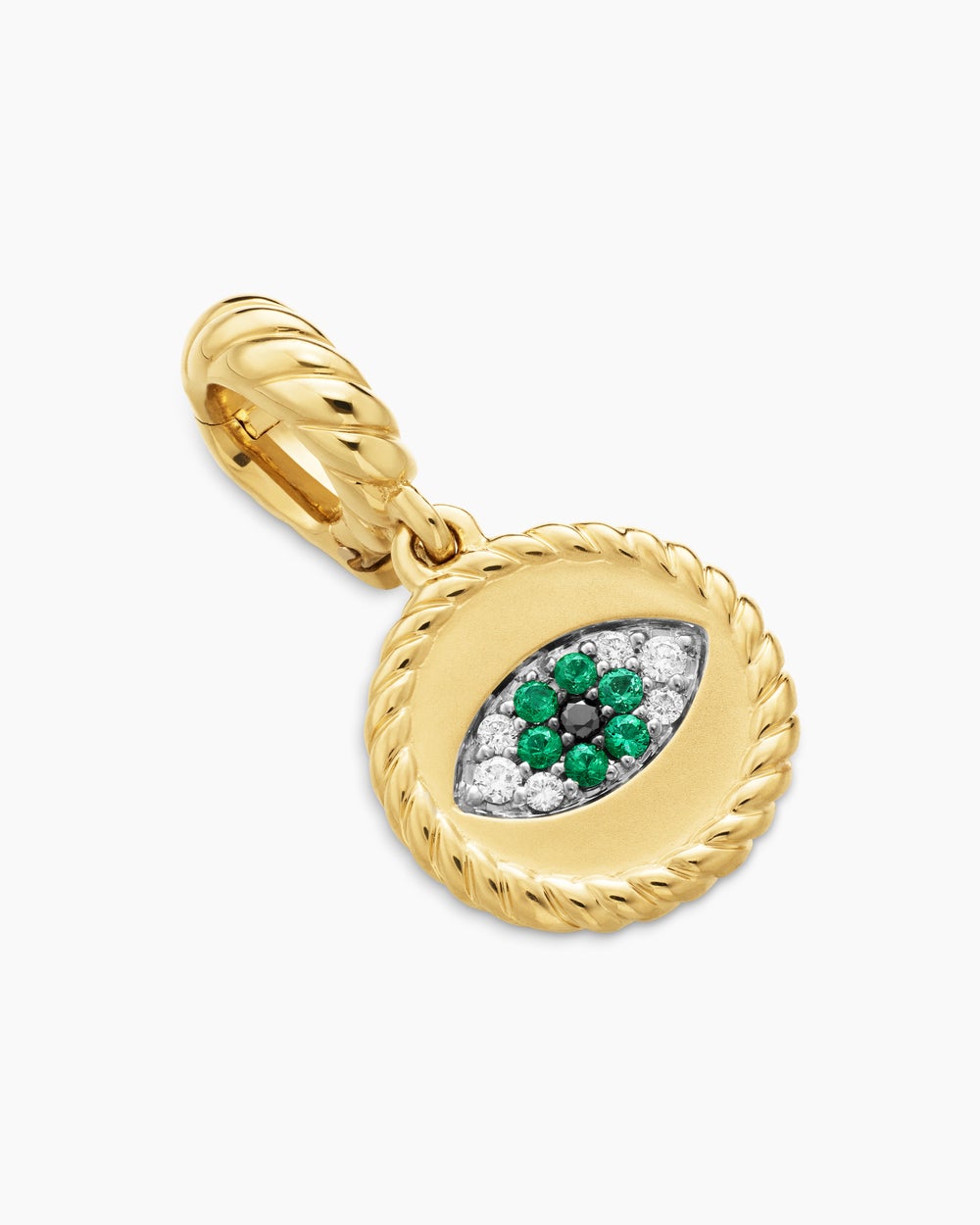 Womens Evil Eye Amulet in 18ct Yellow Gold with Pavé Emeralds and Diamonds, 11mm