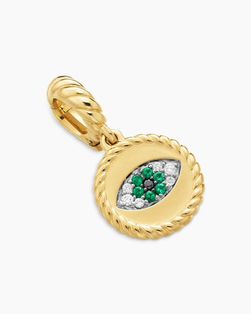 Womens Evil Eye Amulet in 18K Yellow Gold with Pavé Emeralds and Diamonds, 11mm