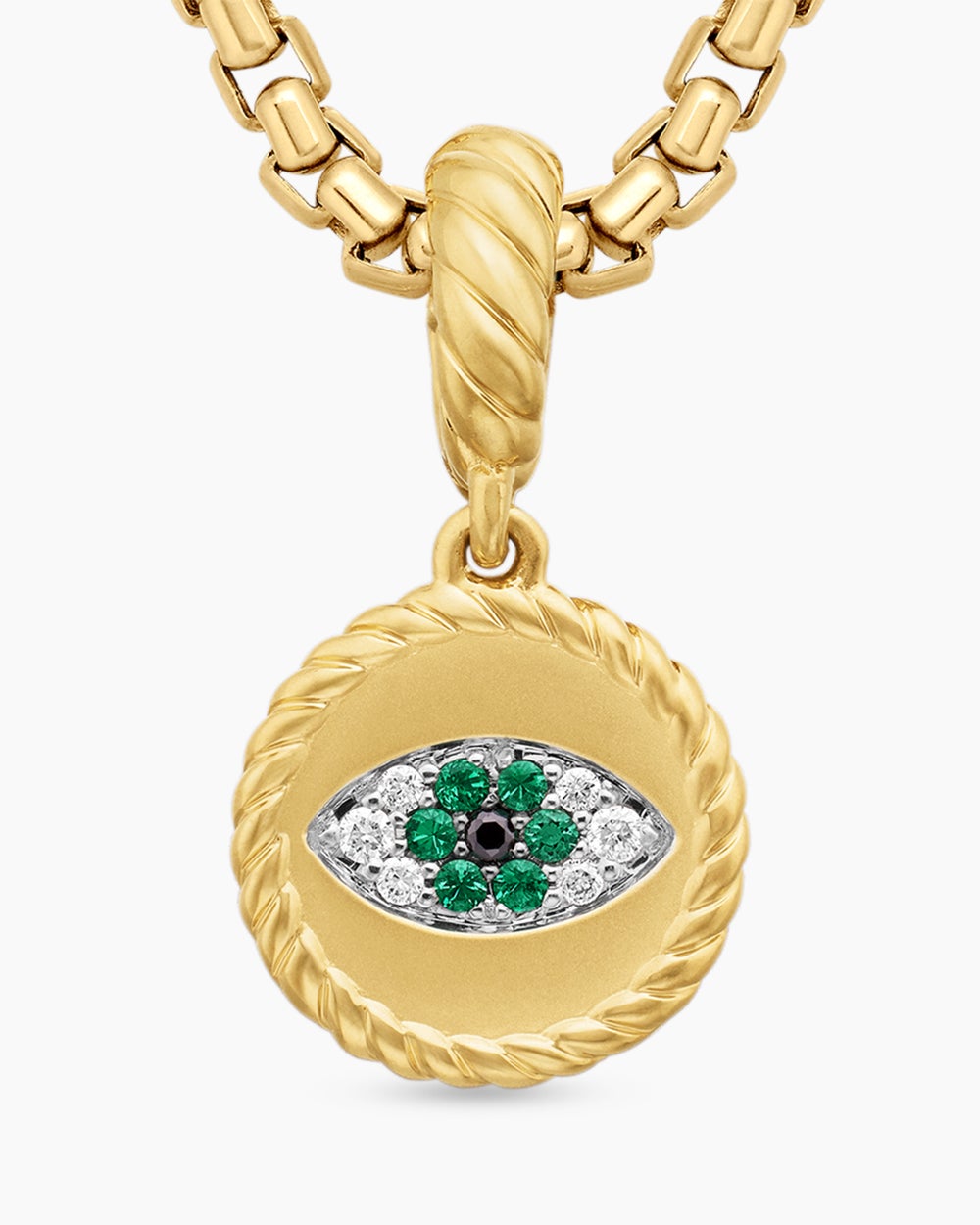 Womens Evil Eye Amulet in 18ct Yellow Gold with Pavé Emeralds and Diamonds, 11mm