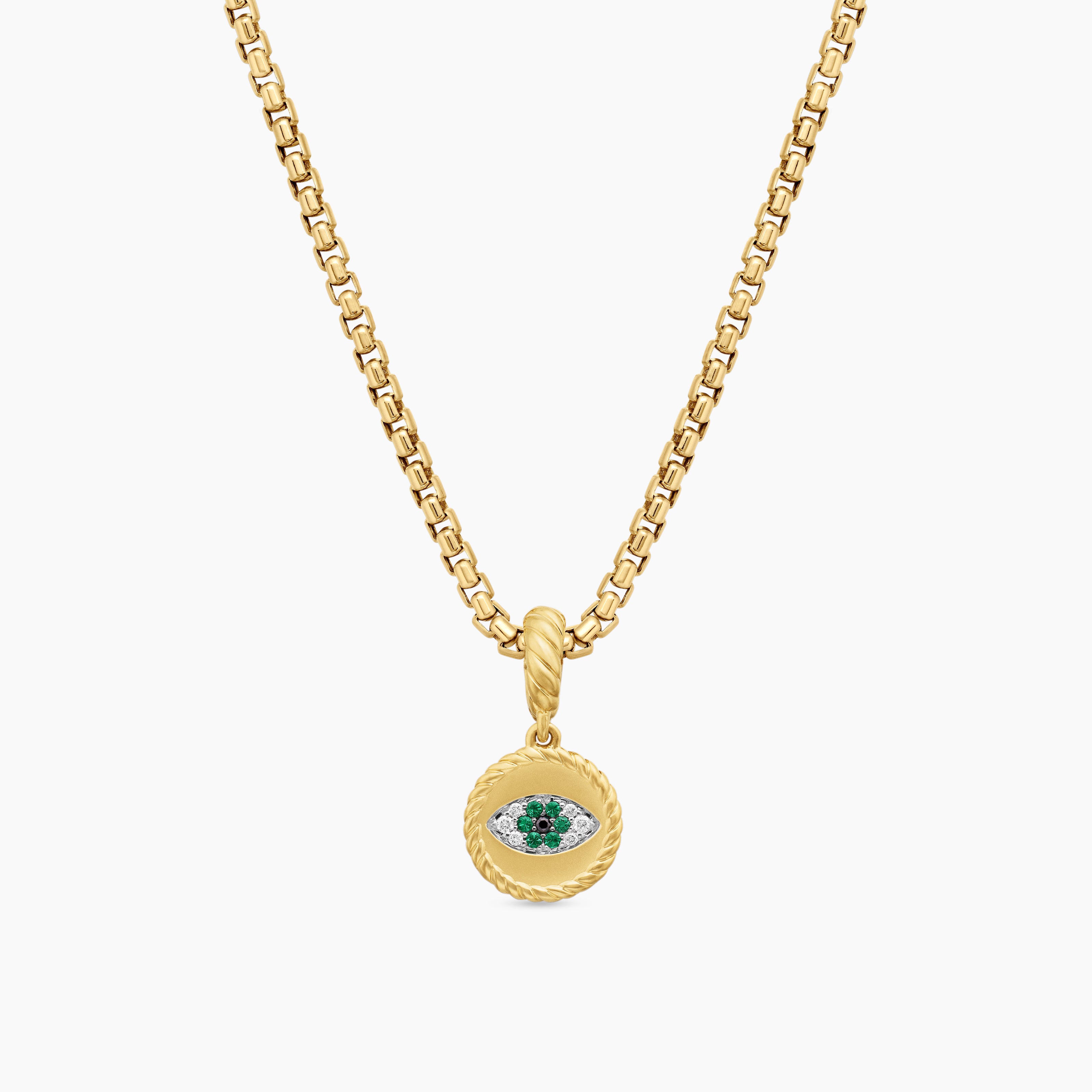 Womens Evil Eye Amulet in 18K Yellow Gold with Pav&eacute; Emeralds and Diamonds, 11mm