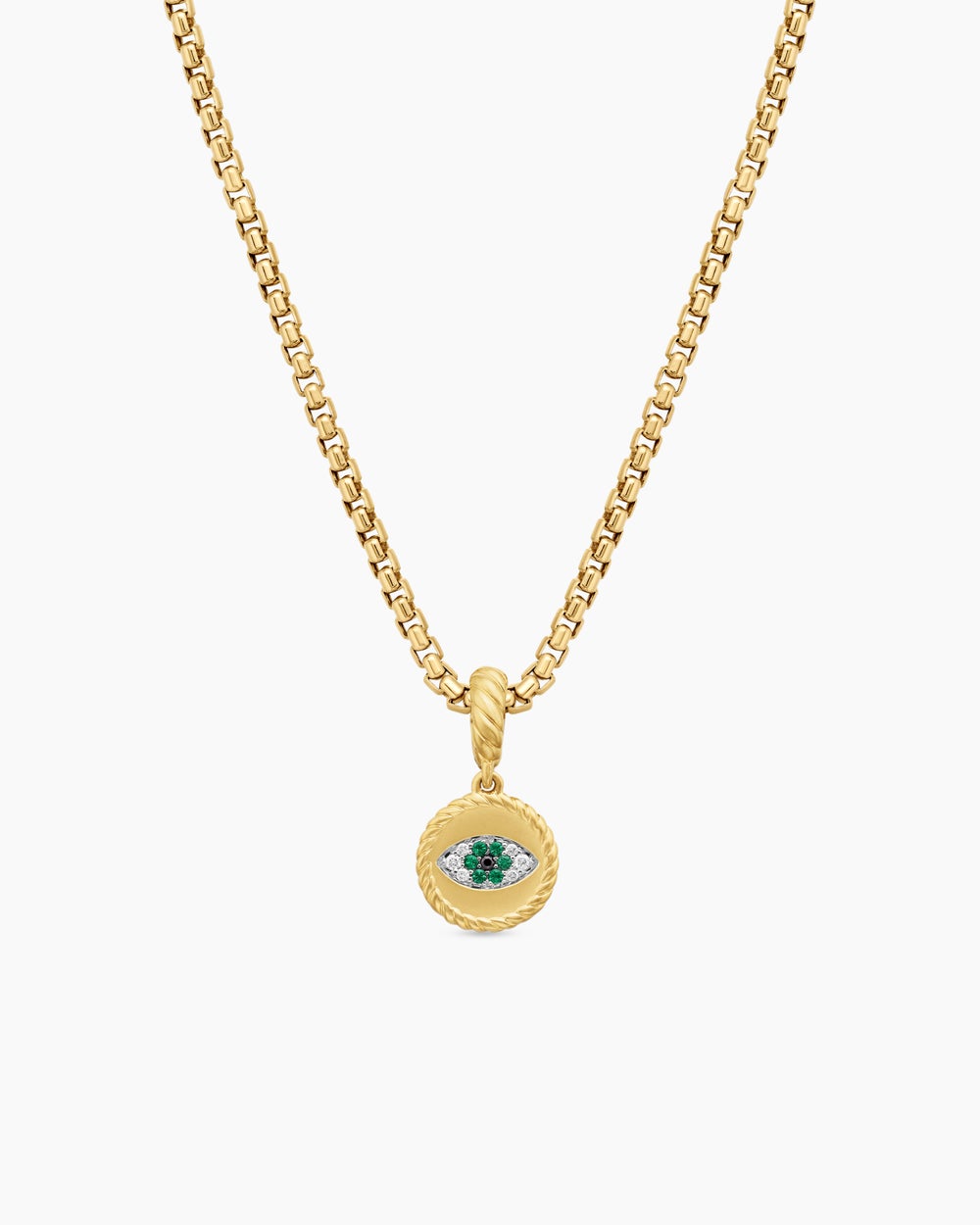 Womens Evil Eye Amulet in 18ct Yellow Gold with Pavé Emeralds and Diamonds, 11mm