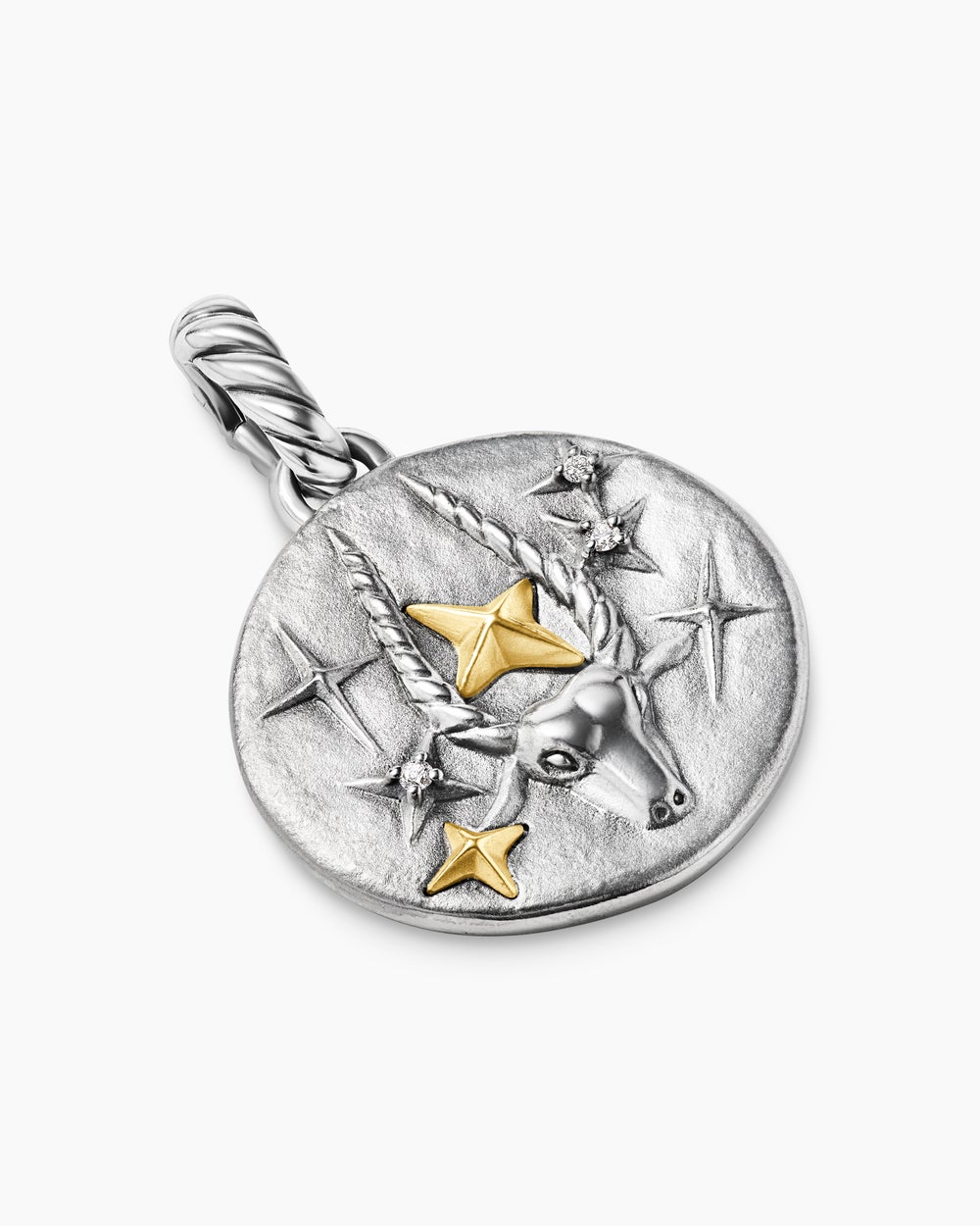 Womens Capricorn Amulet in Sterling Silver with 18K Yellow Gold and Diamonds, 19mm