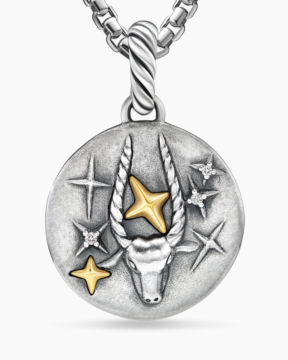 Womens Capricorn Amulet in Sterling Silver with 18K Yellow Gold and Diamonds, 19mm