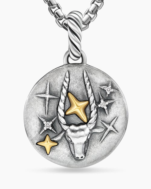 Womens Capricorn Amulet in Sterling Silver with 18K Yellow Gold and Diamonds, 19mm