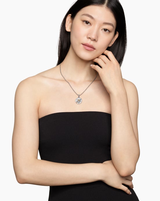 Capricorn Amulet in Sterling Silver with 18K Yellow Gold and Diamonds, 19mm