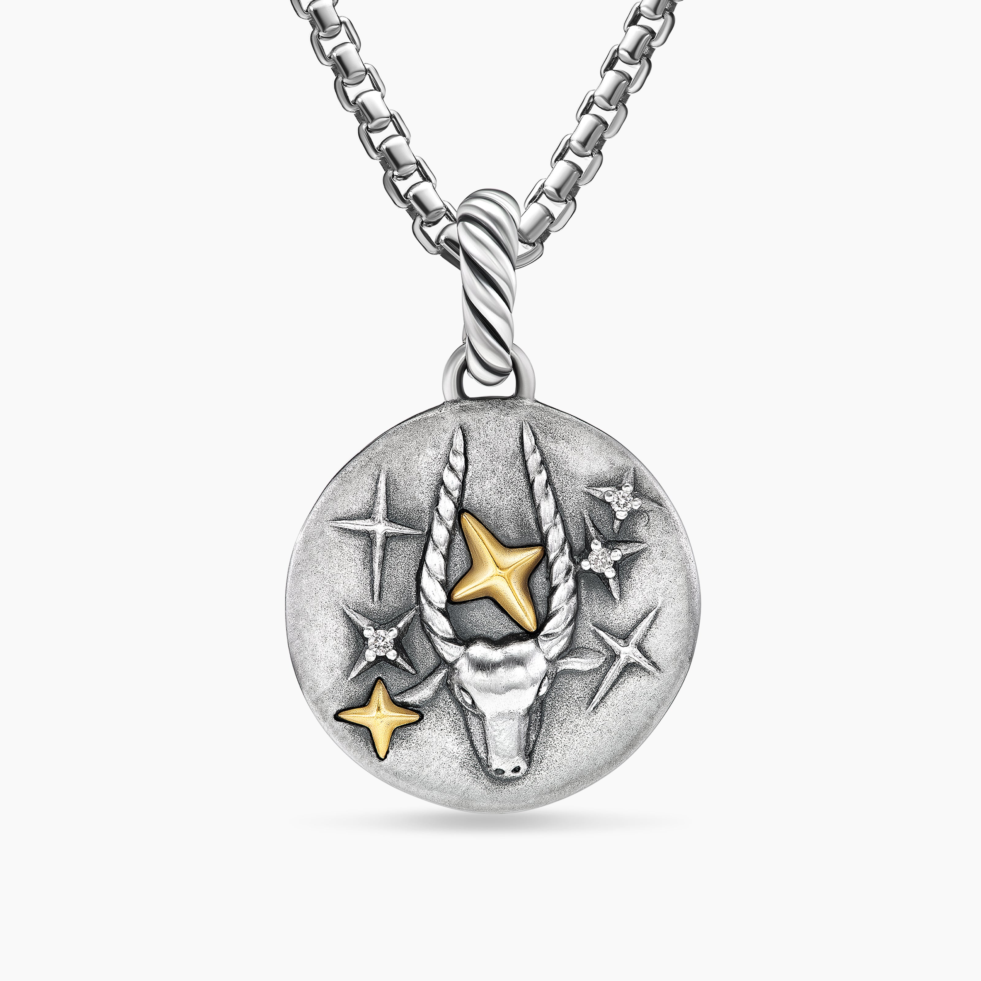 Womens Capricorn Amulet in Sterling Silver with 18K Yellow Gold and Diamonds, 19mm