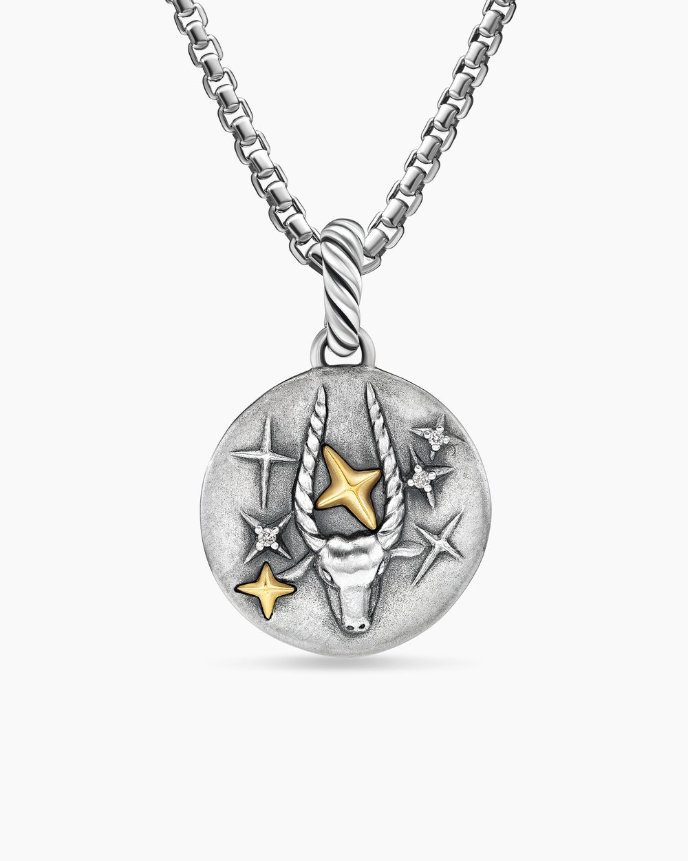 Womens Capricorn Amulet in Sterling Silver with 18K Yellow Gold and Diamonds, 19mm