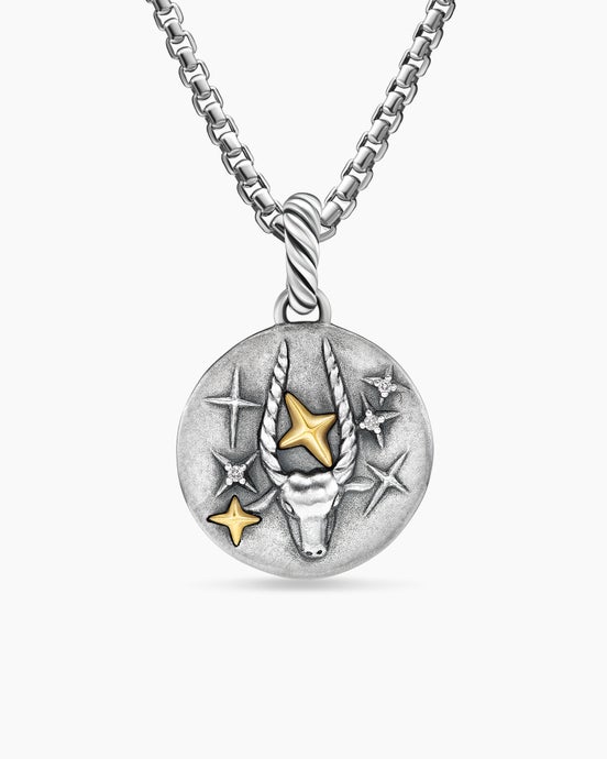 Capricorn Amulet in Sterling Silver with 18K Yellow Gold and Diamonds, 19mm