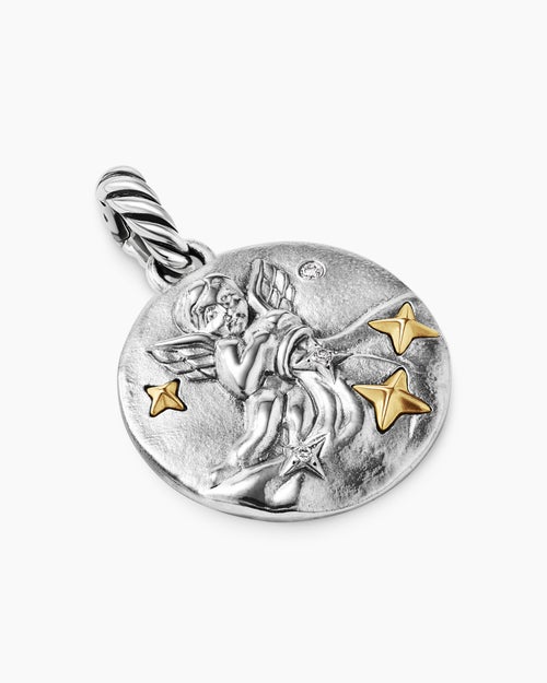 Womens Aquarius Amulet in Sterling Silver with 18K Yellow Gold and Diamonds, 19mm