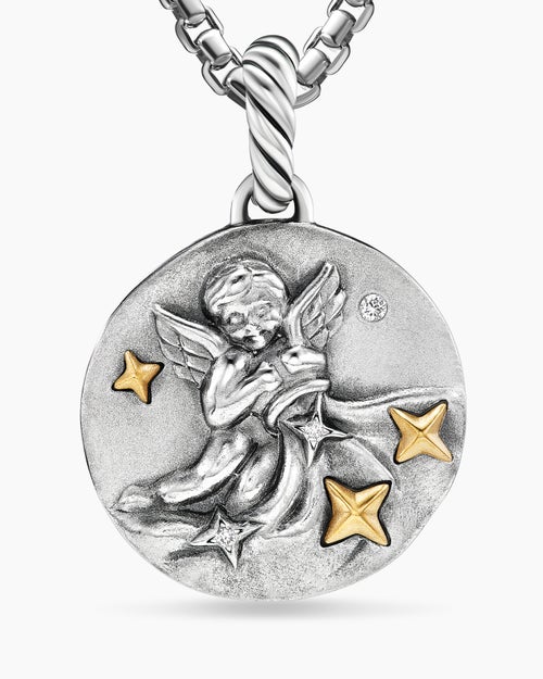 Womens Aquarius Amulet in Sterling Silver with 18K Yellow Gold and Diamonds, 19mm