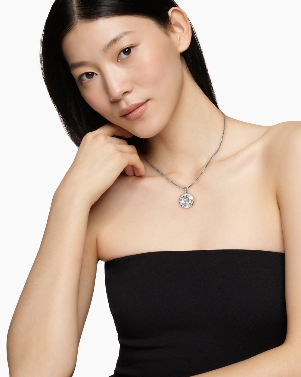 Womens Aquarius Amulet in Sterling Silver with 18K Yellow Gold and Diamonds, 19mm