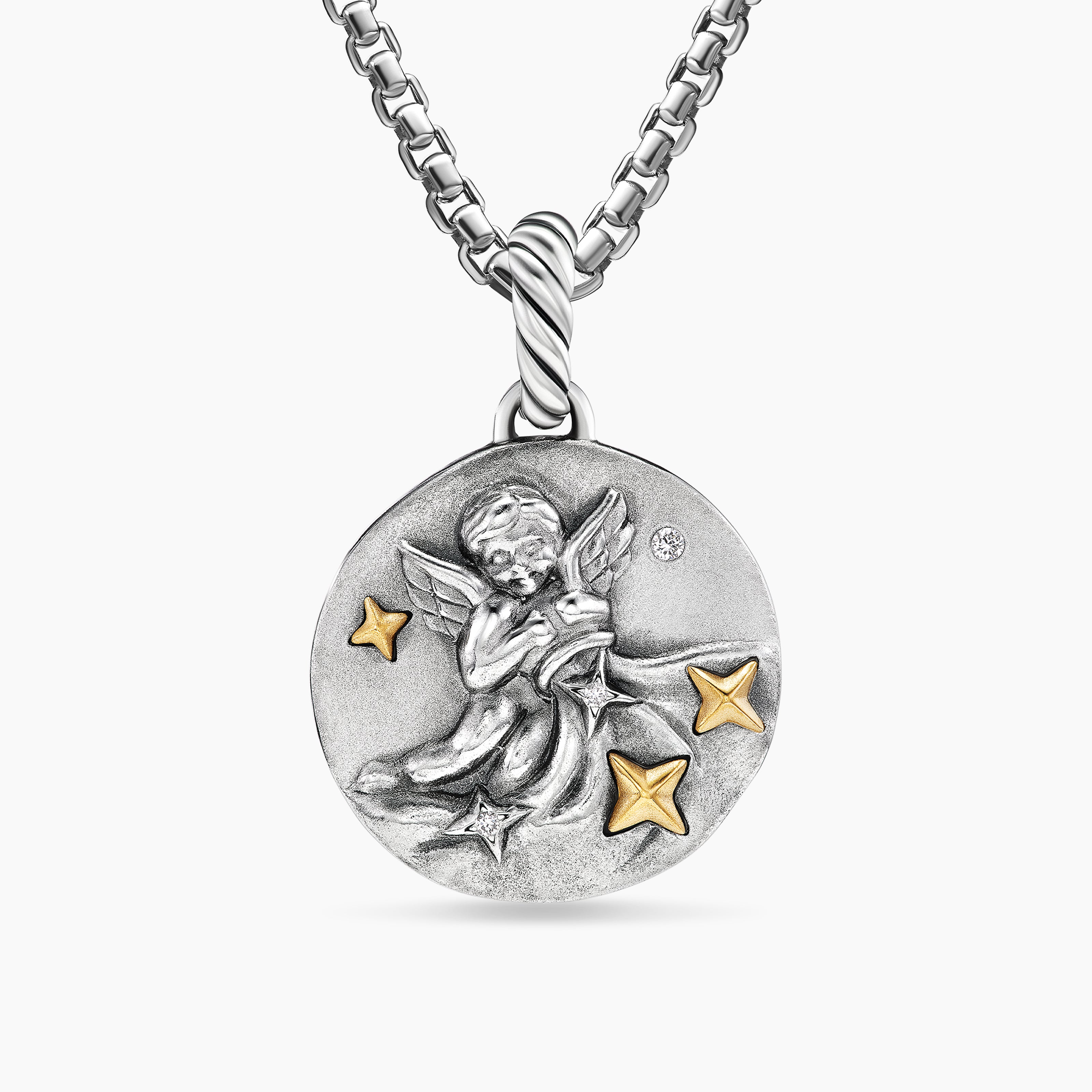Womens Aquarius Amulet in Sterling Silver with 18K Yellow Gold and Diamonds, 19mm