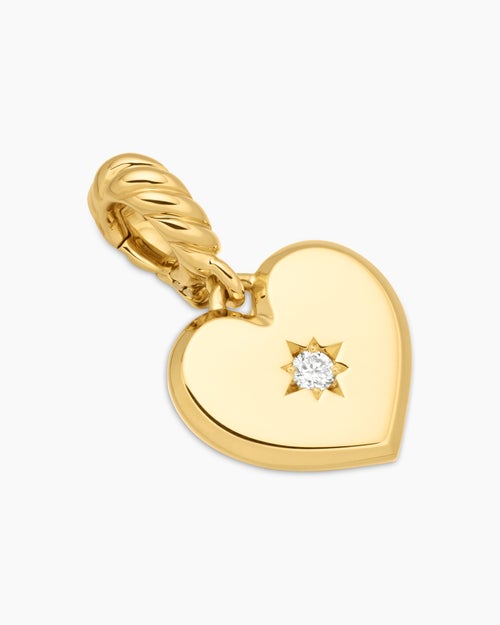 Womens Compass Heart Amulet in 18K Yellow Gold with Centre Diamond, 11.3mm