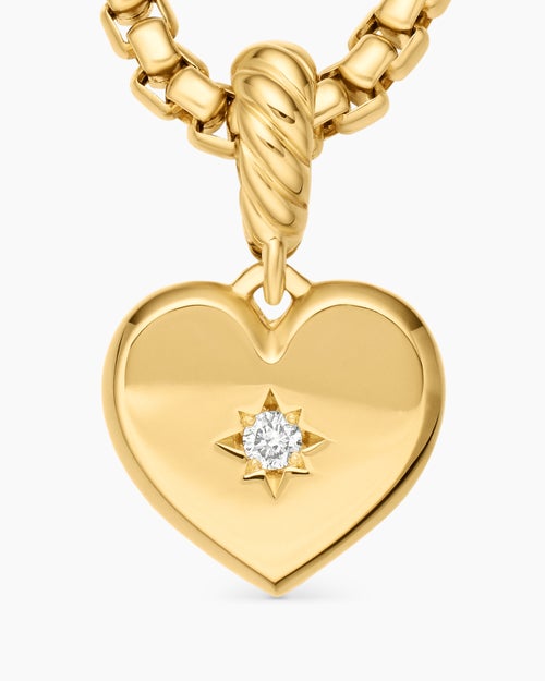 Womens Compass Heart Amulet in 18K Yellow Gold with Center Diamond, 11.3mm