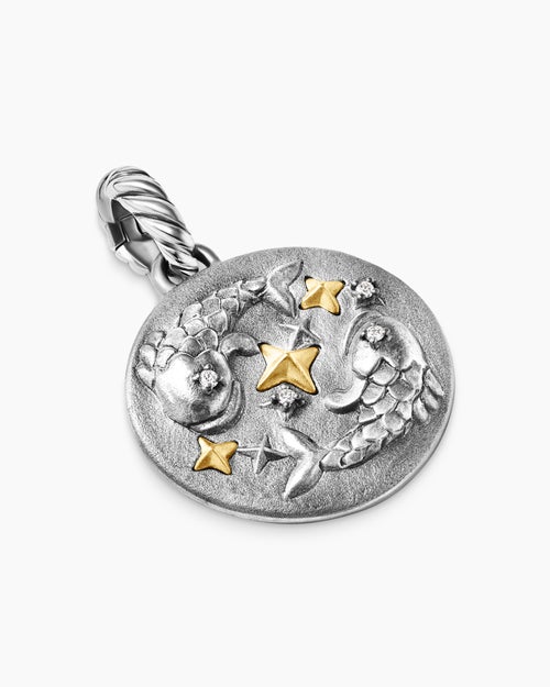 Womens Pisces Amulet in Sterling Silver with 18K Yellow Gold and Diamonds, 19mm