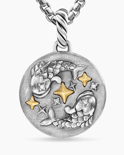 Womens Pisces Amulet in Sterling Silver with 18K Yellow Gold and Diamonds, 19mm