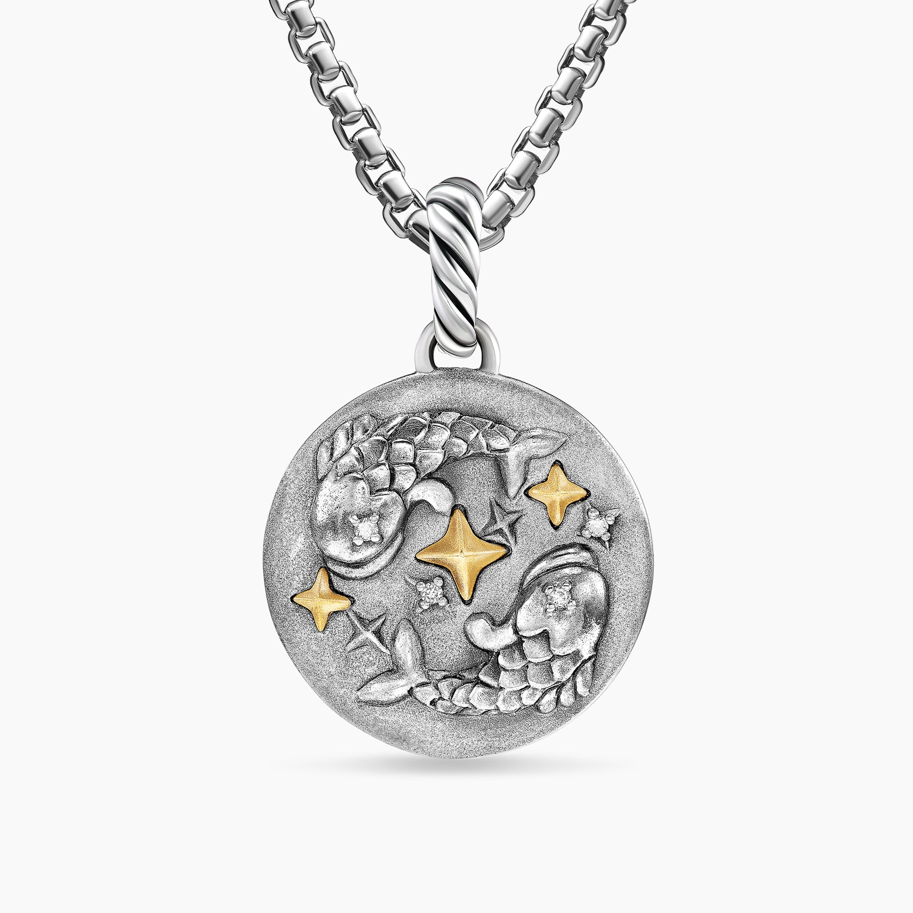 Womens Pisces Amulet in Sterling Silver with 18K Yellow Gold and Diamonds, 19mm