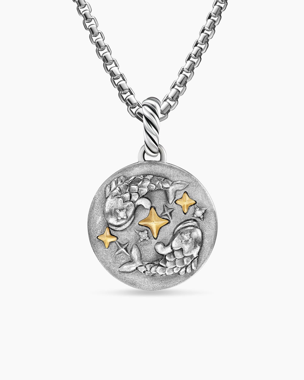 Womens Pisces Amulet in Sterling Silver with 18K Yellow Gold and Diamonds, 19mm