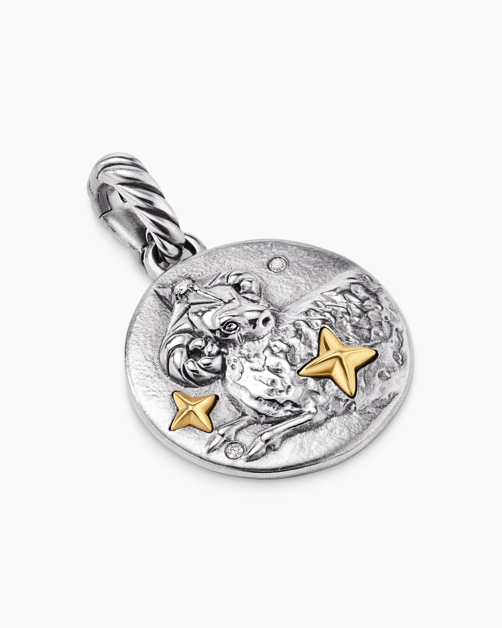 Womens Aries Amulet in Sterling Silver with 18K Yellow Gold and Diamonds, 19mm