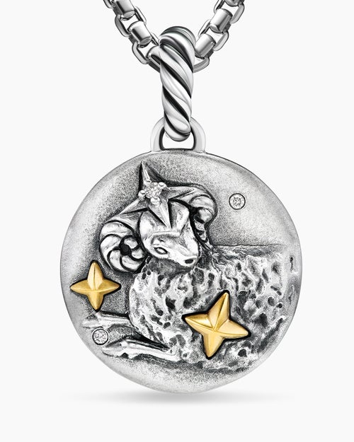 Womens Aries Amulet in Sterling Silver with 18K Yellow Gold and Diamonds, 19mm