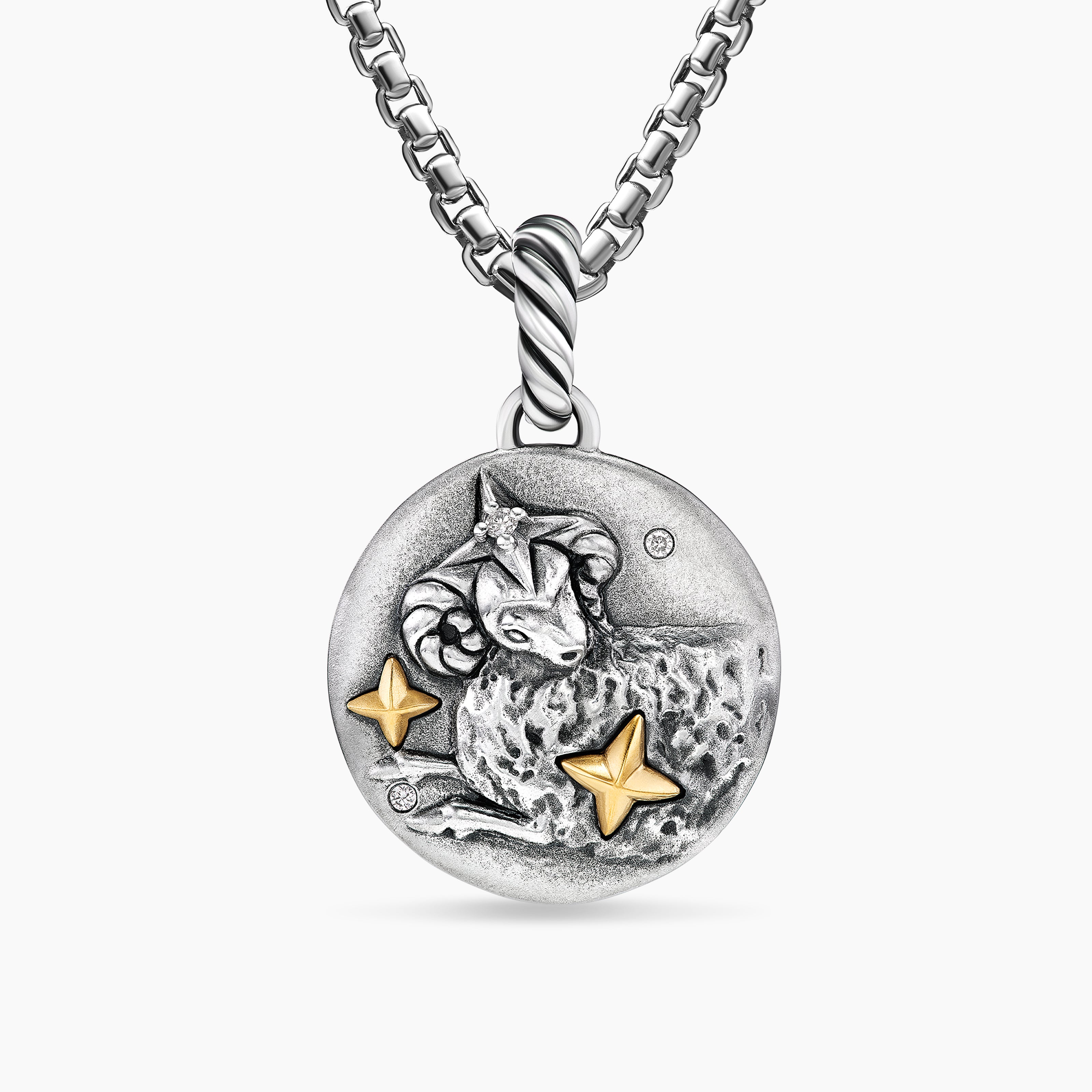 Womens Aries Amulet in Sterling Silver with 18K Yellow Gold and Diamonds, 19mm