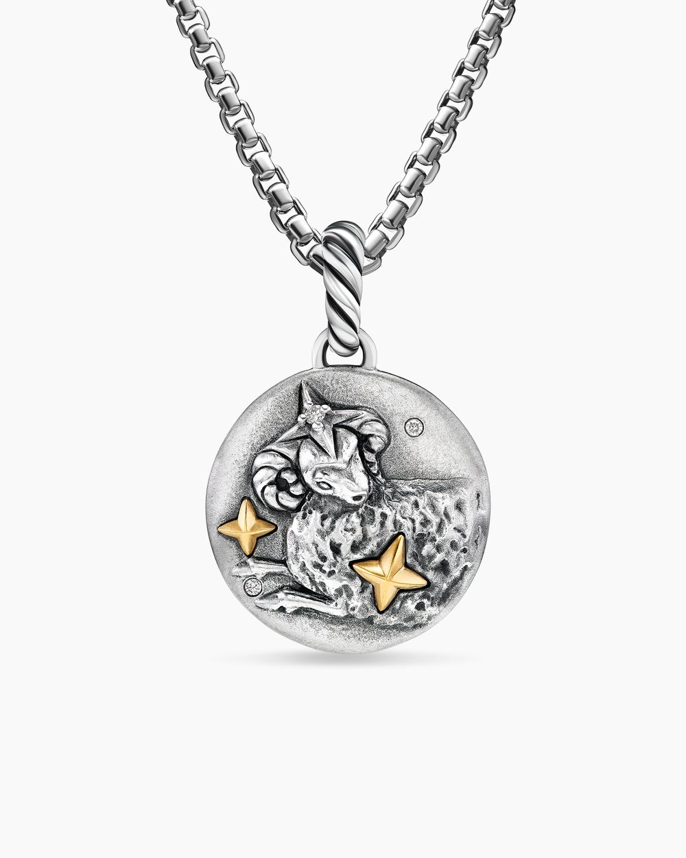 Womens Aries Amulet in Sterling Silver with 18K Yellow Gold and Diamonds, 19mm