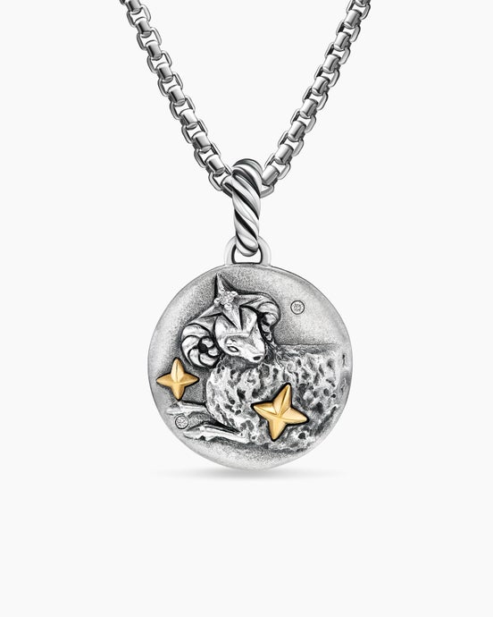 Aries Amulet in Sterling Silver with 18K Yellow Gold and Diamonds, 19mm