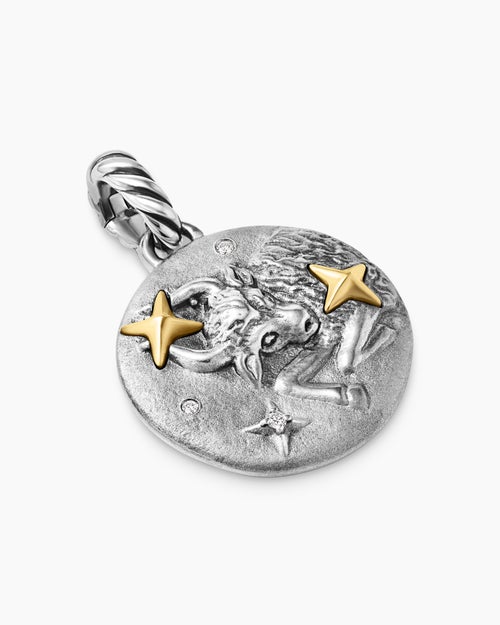 Womens Taurus Amulet in Sterling Silver with 18ct Yellow Gold and Diamonds, 19mm