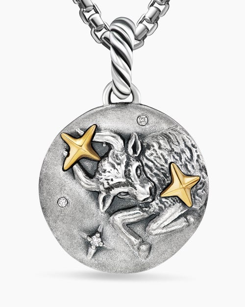 Womens Taurus Amulet in Sterling Silver with 18ct Yellow Gold and Diamonds, 19mm