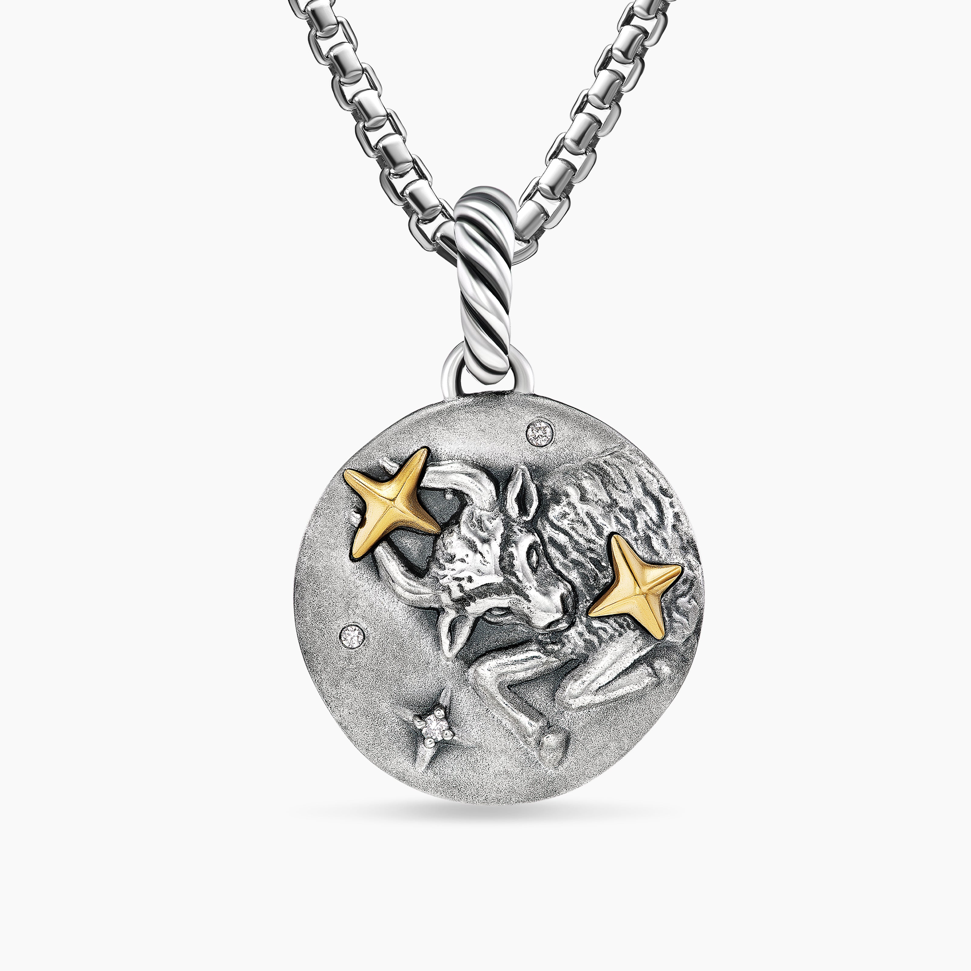 Womens Taurus Amulet in Sterling Silver with 18K Yellow Gold and Diamonds, 19mm