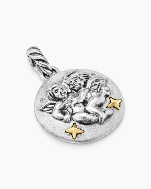 Womens Gemini Amulet in Sterling Silver with 18ct Yellow Gold and Diamonds, 19mm