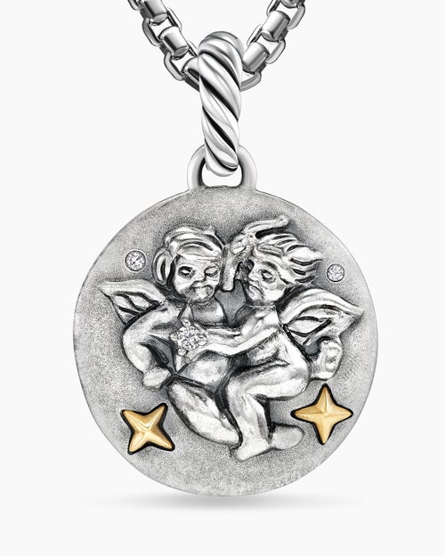 Womens Gemini Amulet in Sterling Silver with 18K Yellow Gold and Diamonds, 19mm