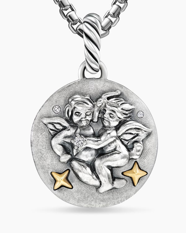 Amulette Gémeaux en argent sterling avec or jaune 18 carats et diamants, 19 mm