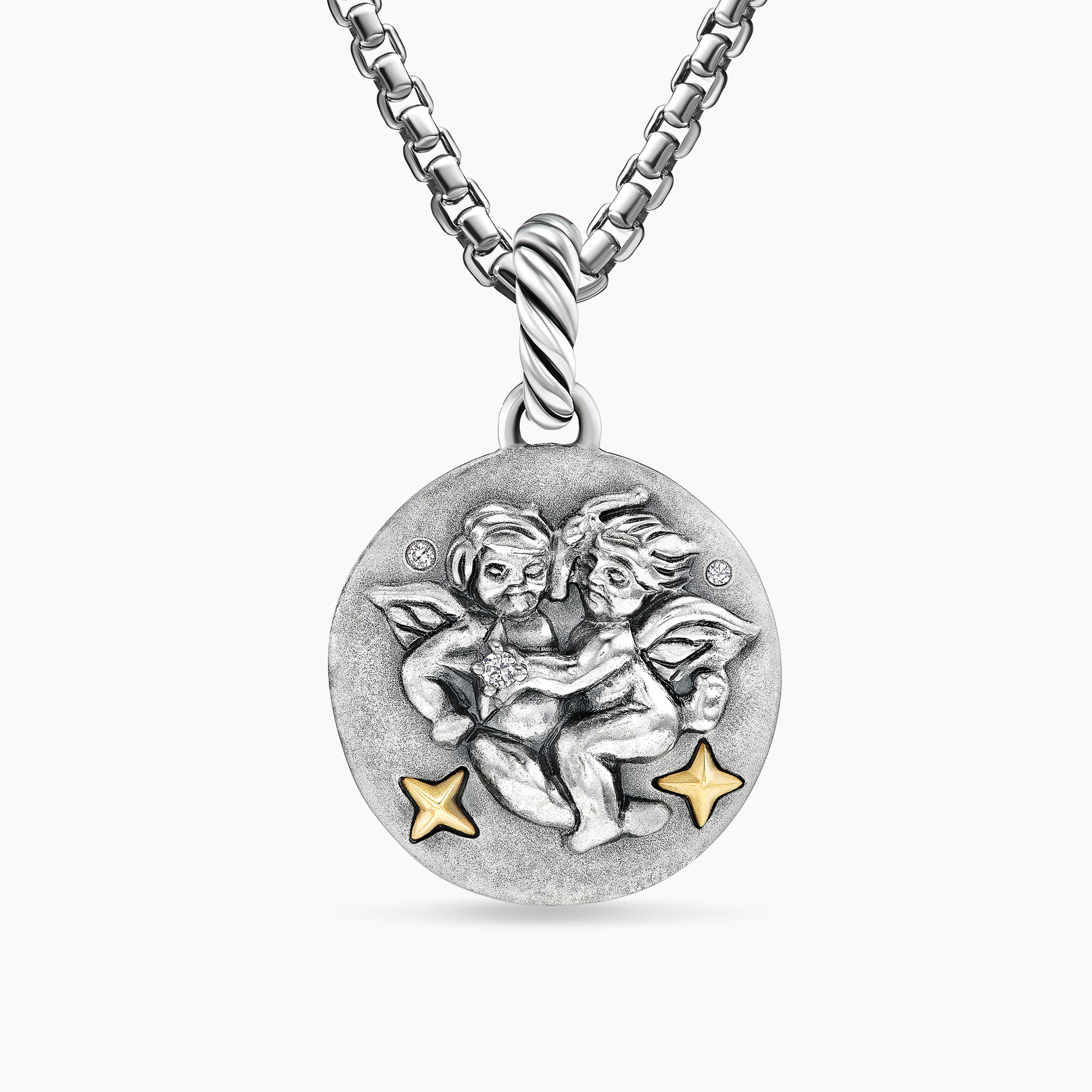 Womens Gemini Amulet in Sterling Silver with 18K Yellow Gold and Diamonds, 19mm