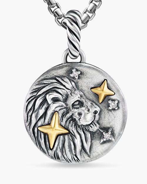Womens Leo Amulet in Sterling Silver with 18K Yellow Gold and Diamonds, 19mm