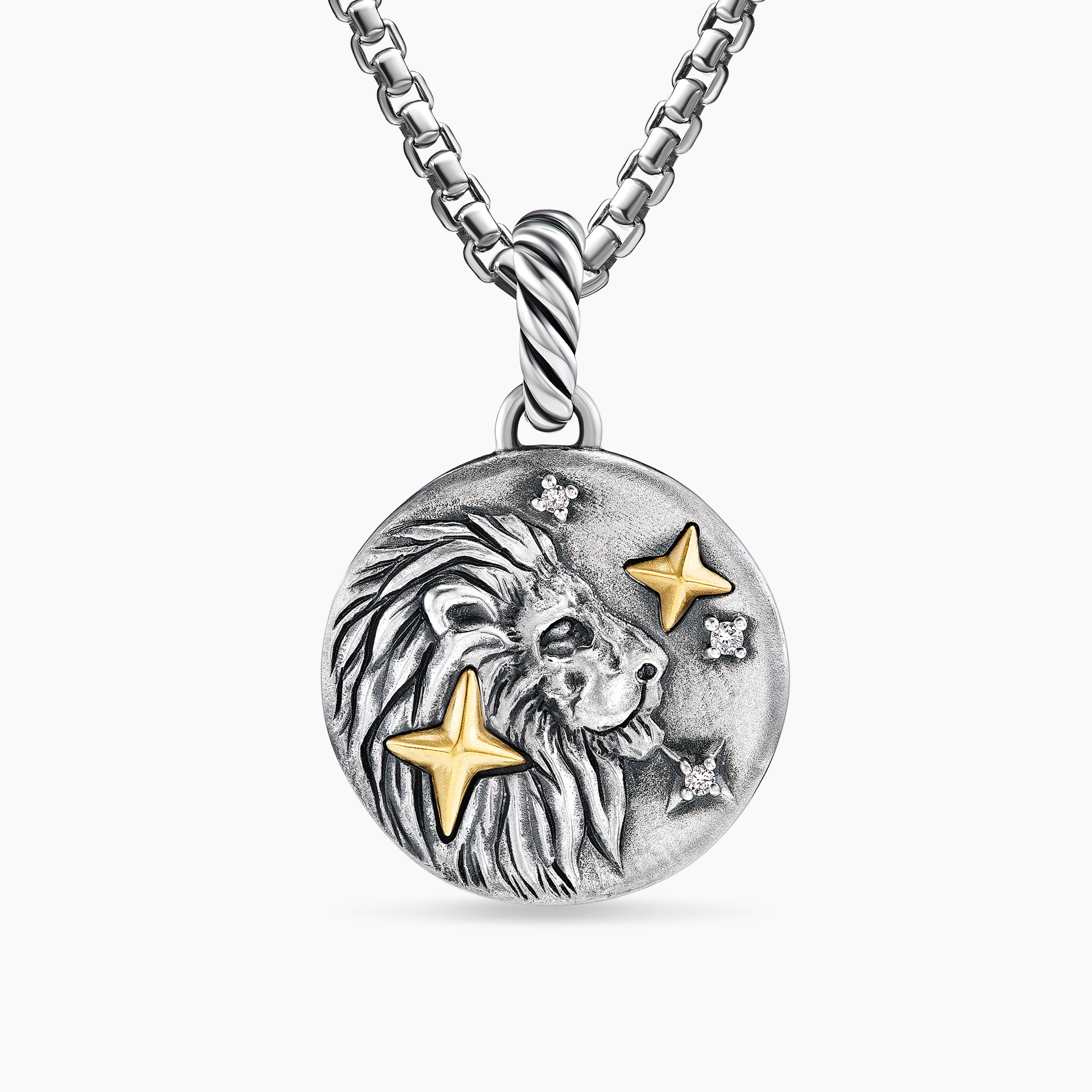 Womens Leo Amulet in Sterling Silver with 18K Yellow Gold and Diamonds, 19mm