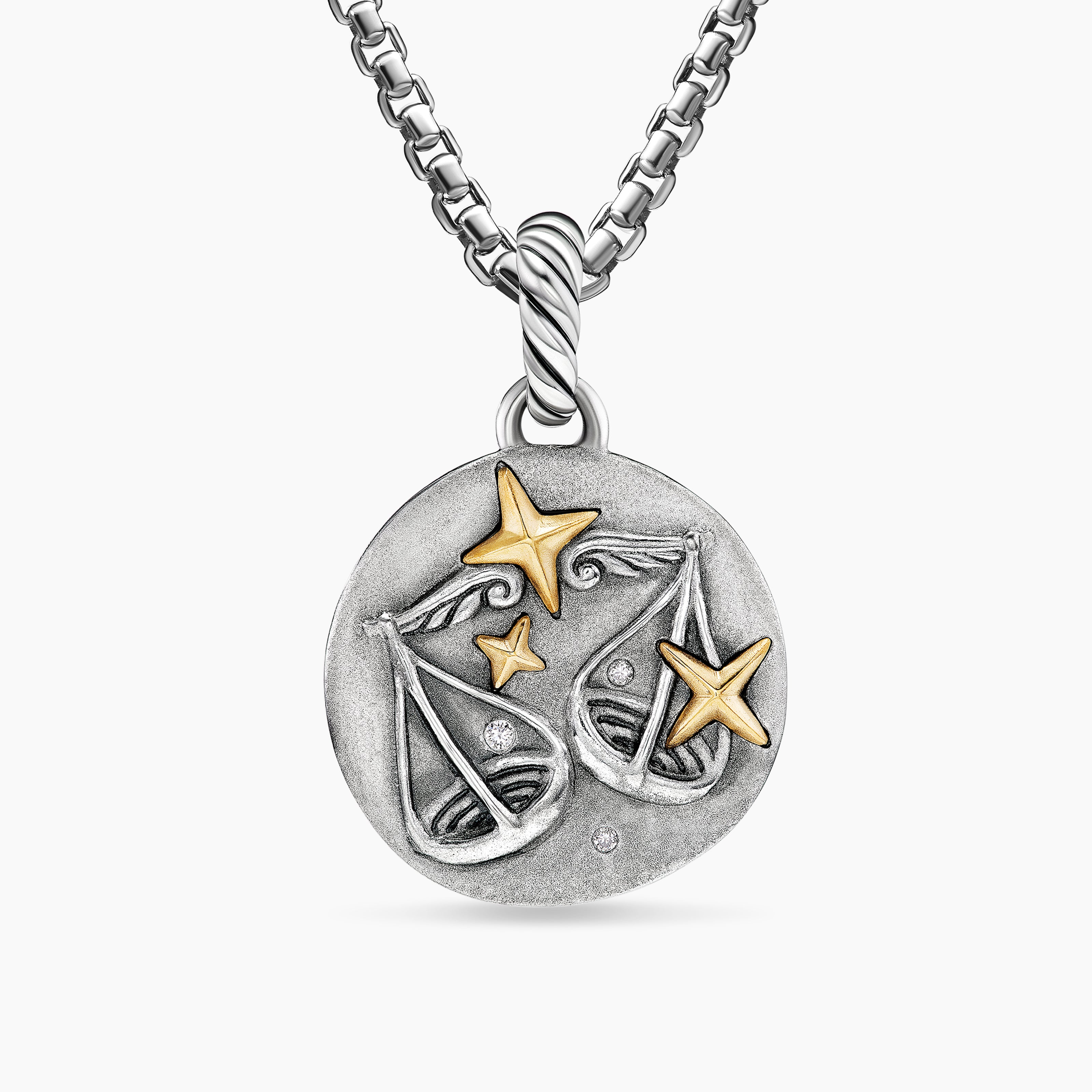 Womens Libra Amulet in Sterling Silver with 18K Yellow Gold and Diamonds, 19mm