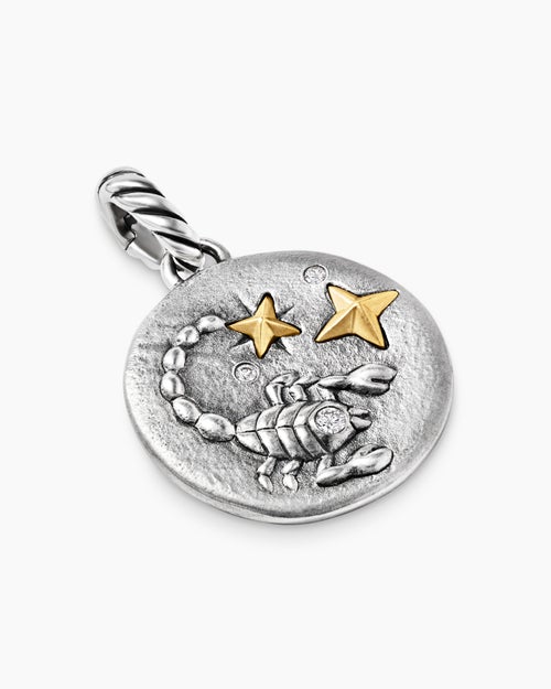 Womens Scorpio Amulet in Sterling Silver with 18K Yellow Gold and Diamonds, 19mm
