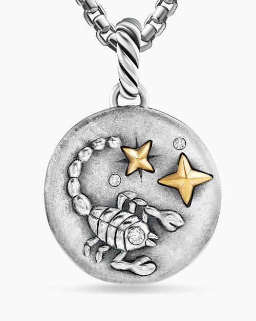 Womens Scorpio Amulet in Sterling Silver with 18K Yellow Gold and Diamonds, 19mm