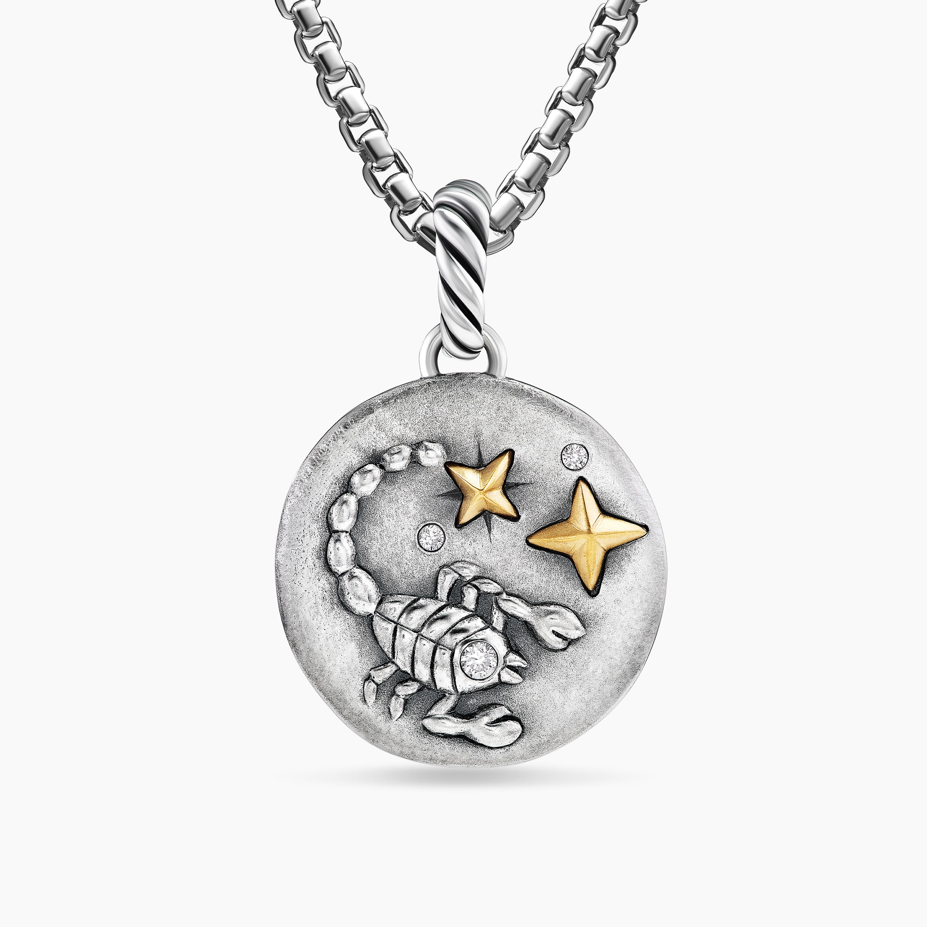 Womens Scorpio Amulet in Sterling Silver with 18K Yellow Gold and Diamonds, 19mm