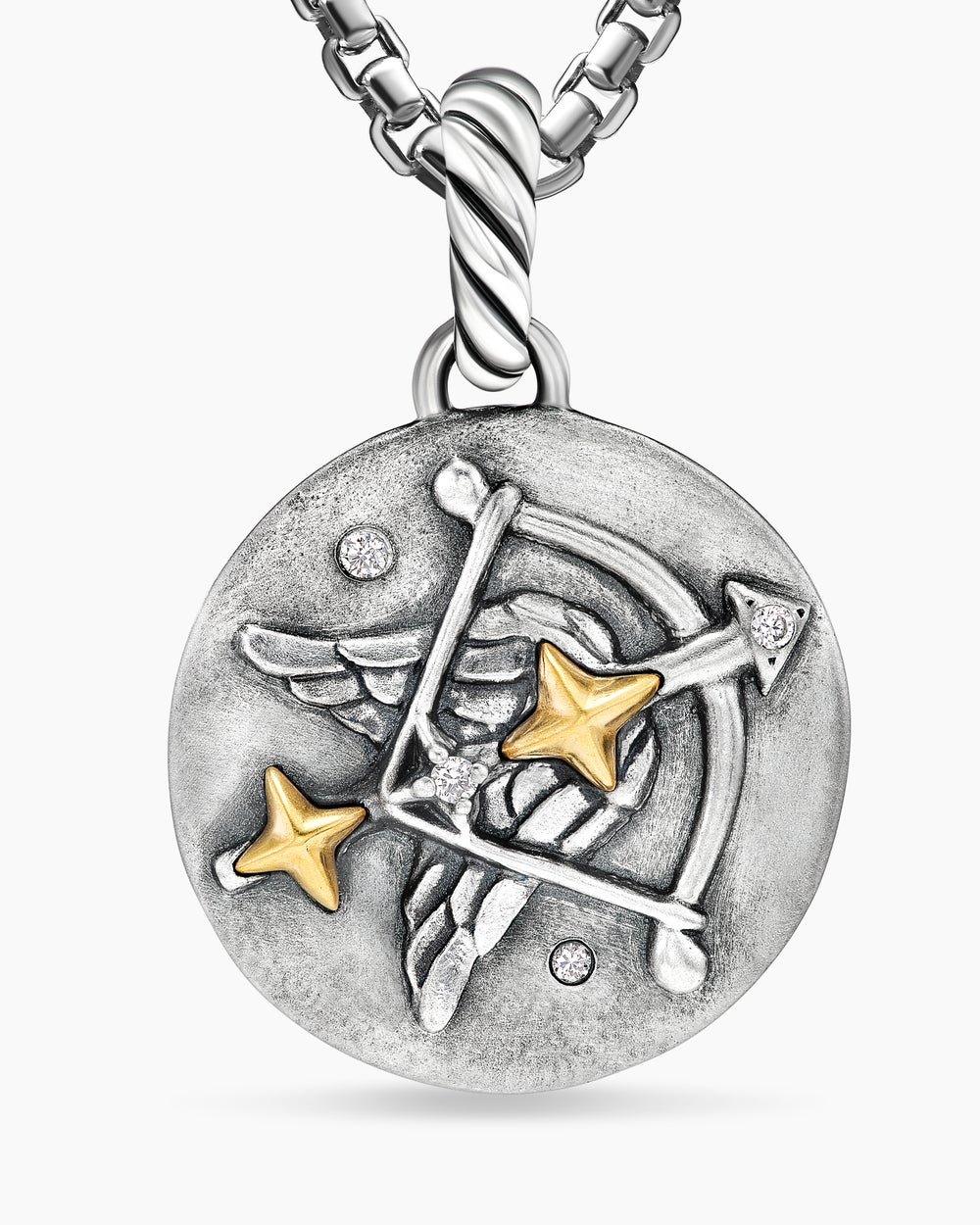 Womens Sagittarius Amulet in Sterling Silver with 18K Yellow Gold and Diamonds, 19mm
