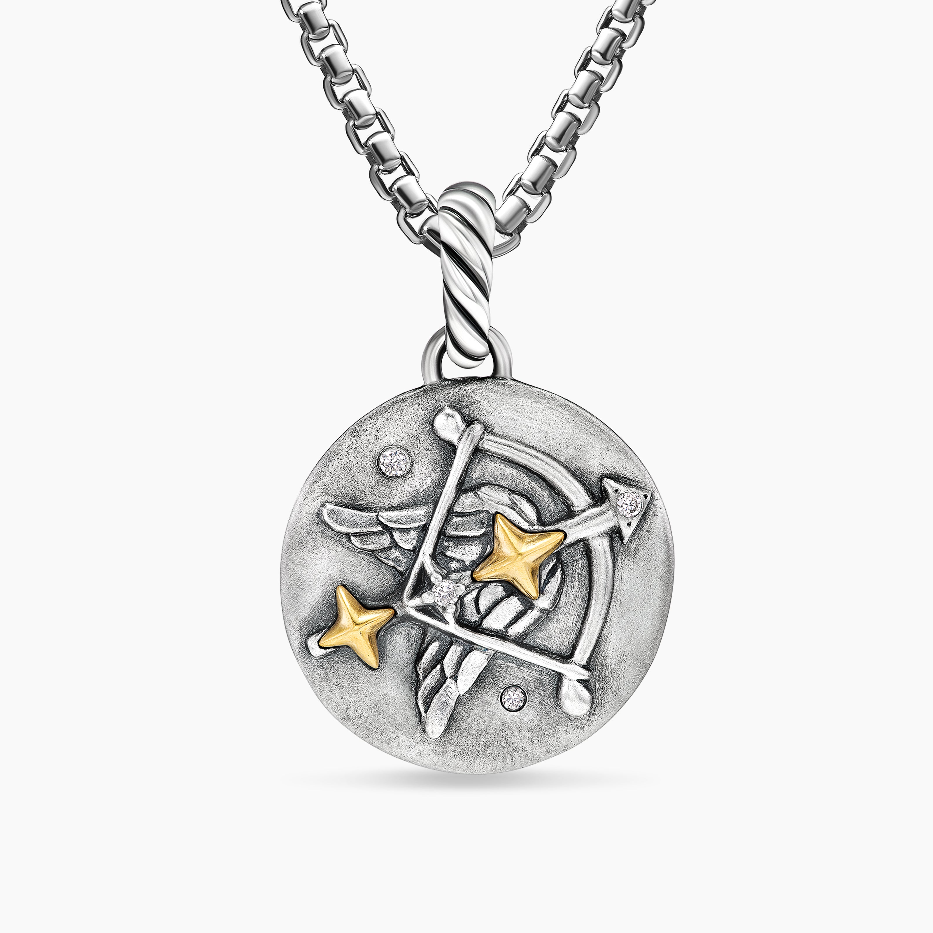 Womens Sagittarius Amulet in Sterling Silver with 18K Yellow Gold and Diamonds, 19mm