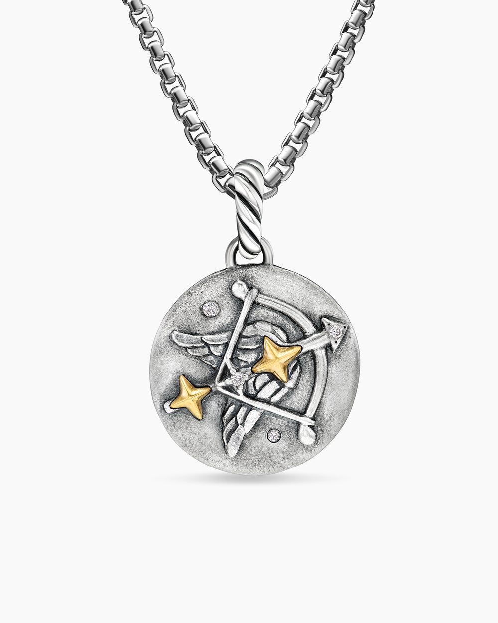 Womens Sagittarius Amulet in Sterling Silver with 18K Yellow Gold and Diamonds, 19mm