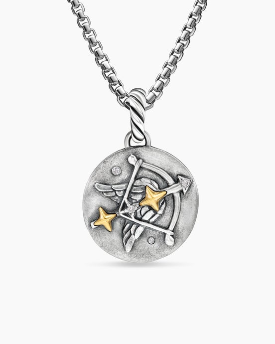 Sagittarius Amulet in Sterling Silver with 18K Yellow Gold and Diamonds, 19mm