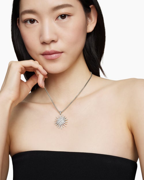 Womens Starburst Pendant in 18K White Gold with Full Pavé Diamonds, 33.7mm