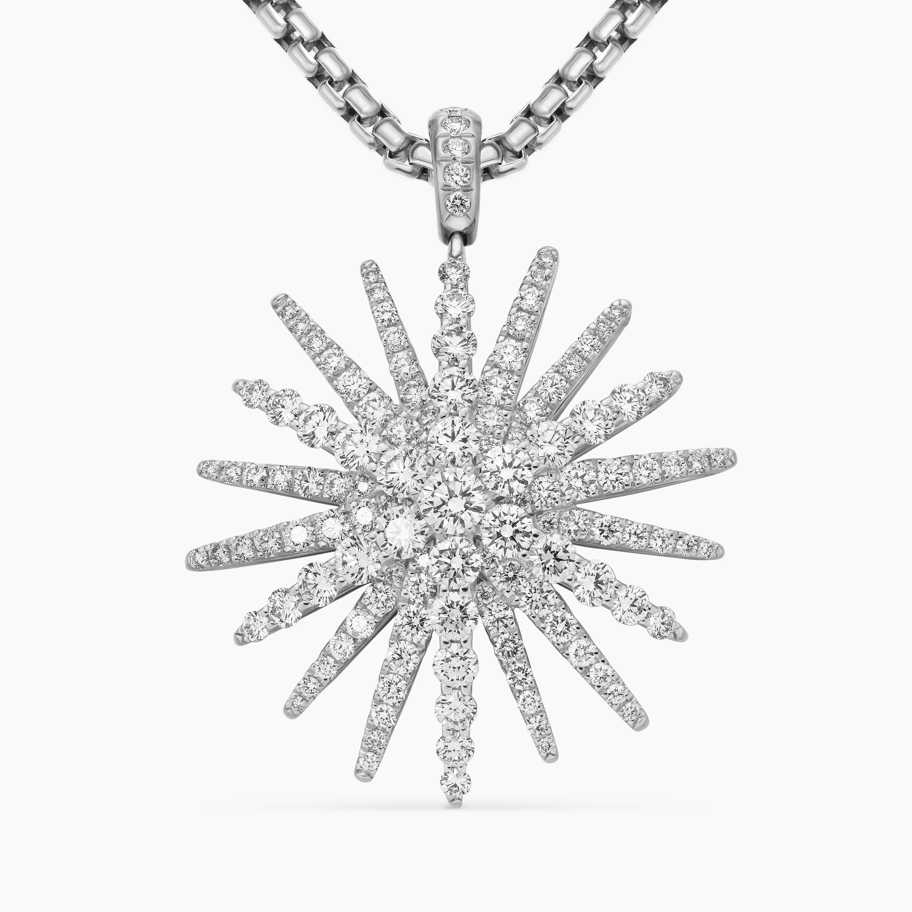 Womens Starburst Pendant in 18K White Gold with Full Pav&eacute; Diamonds, 33.7mm