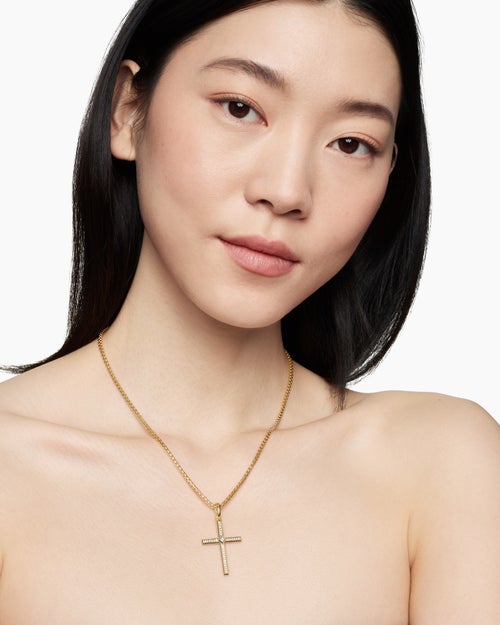 Womens Modern Renaissance® Cross Pendant in 18K Yellow Gold with Diamonds, 34mm