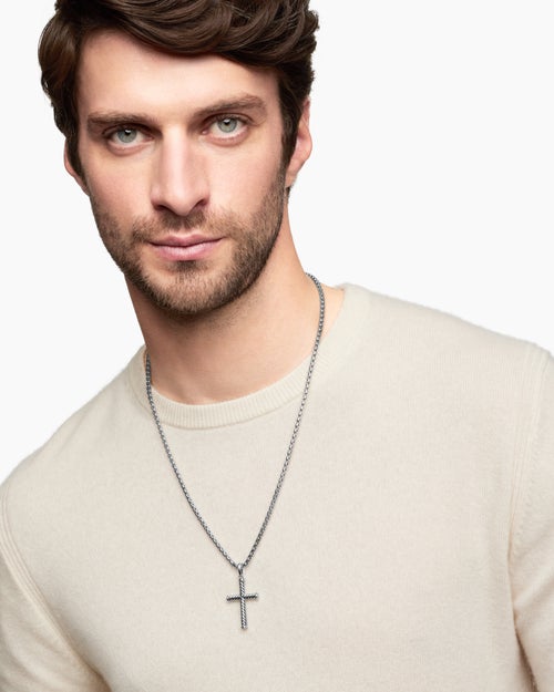 Mens Cable Cross Pendant in Sterling Silver, 35mm