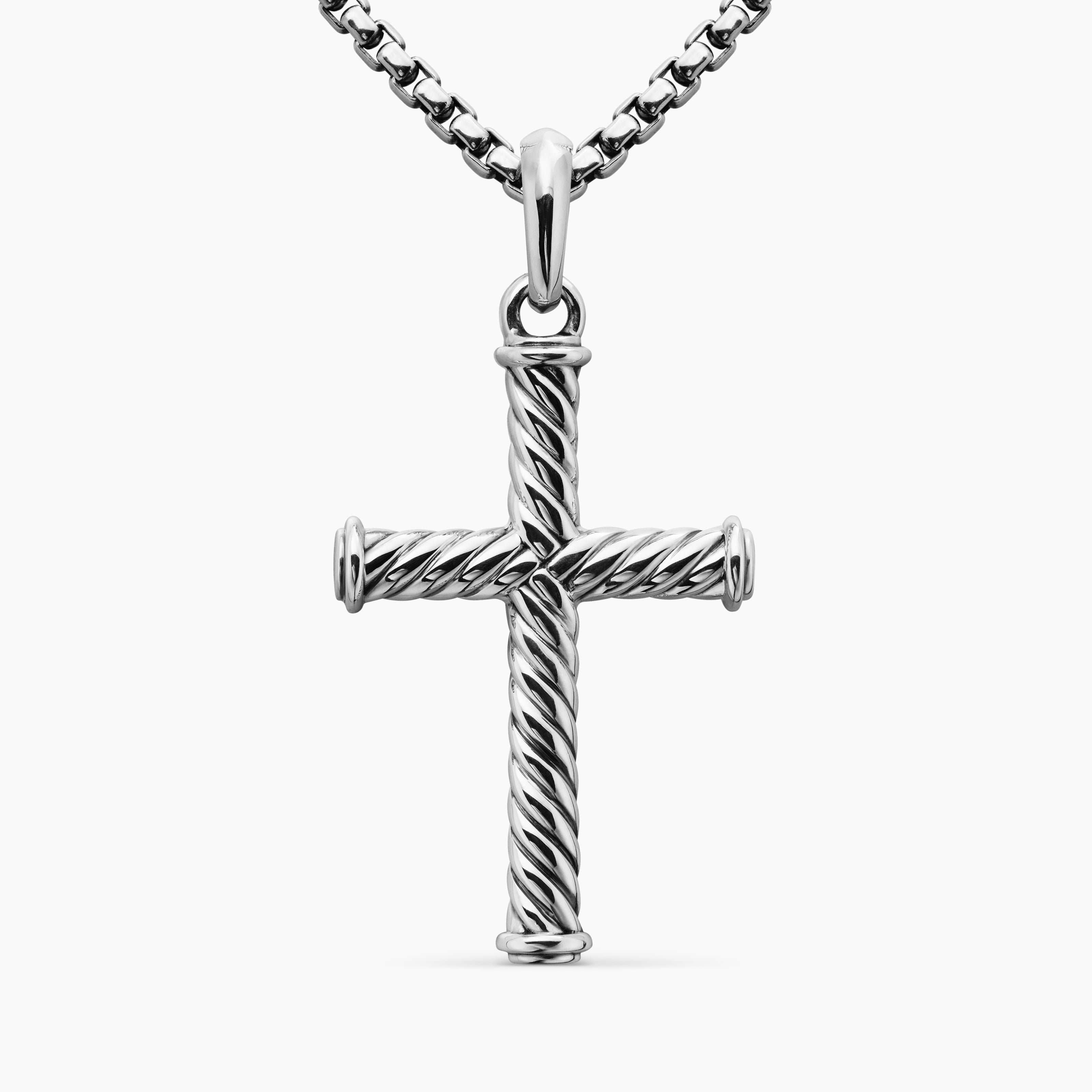 Mens Cable Cross Pendant in Sterling Silver, 35mm