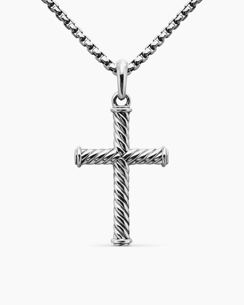 Mens Cable Cross Pendant in Sterling Silver, 35mm